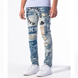 Gala Do Or Die Denim Men's Distressed Blue Jeans with Graphic Patches, 34
